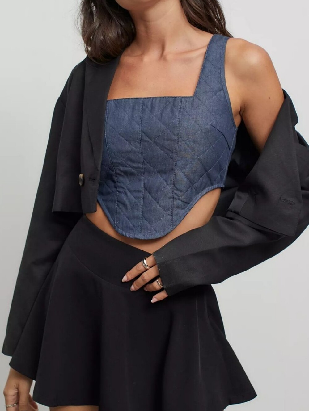 NWT Lioness Chateau Bodice Top 100% Cotton Quilted Bustier Medium Denim Tank